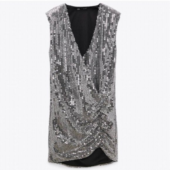 ZARA DRAPED WRAP  SILVER V NECK SEQUIN SHOULDER PADDED DRESS $119 - Picture 8 of 15